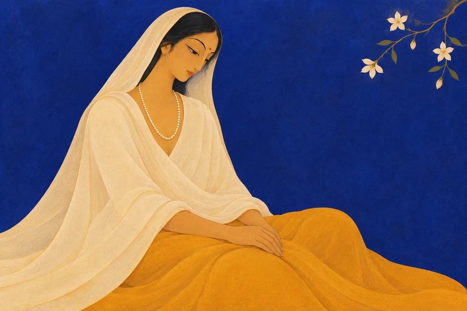 An unnamed listener wears a simple pearl strand close to the heart, illustrating poems strung on Rama's story.