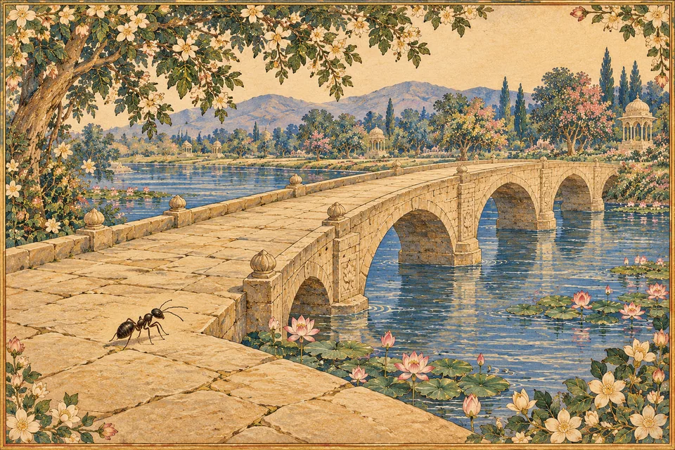 A tiny ant walks on a bridge spanning a wide river, illustrating the poet's comparison of following a prepared path.