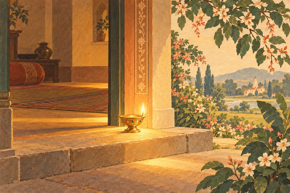 A jewel-like lamp on a doorway threshold evokes the Name's light within and without.