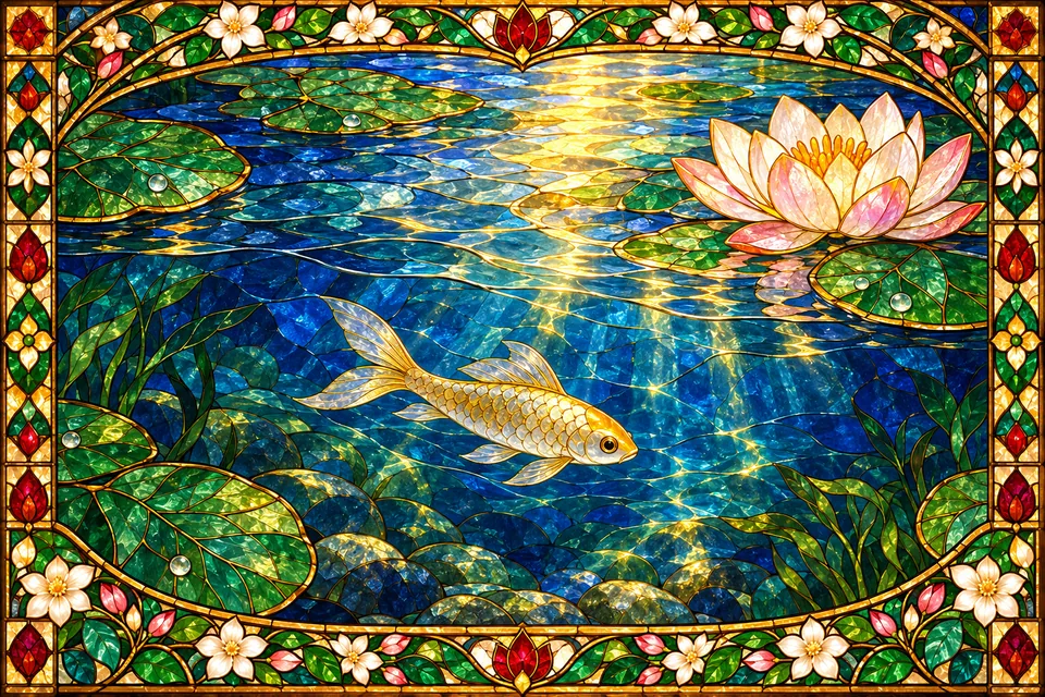 A single fish swims in a luminous lotus pool, symbolizing the mind immersed in loving remembrance.