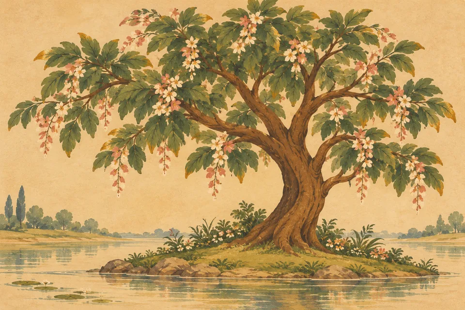 An imagined flowering wish-tree evokes the source's kalpataru comparison for Rama's Name.