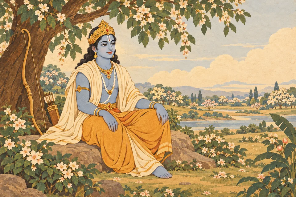 An iconic Rama amid an expansive imagined grove evokes praise of his boundless virtues and story.