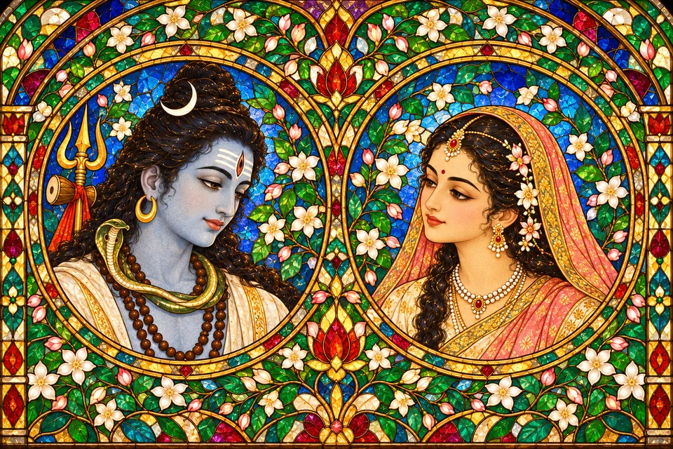 Separate medallions of Shiva and Uma represent the poet’s invocation before explaining the story’s origin.