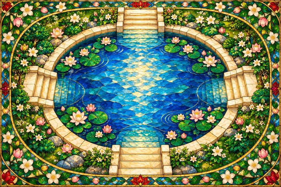Four separate bathing ghats surround an imagined lake, illustrating the poem’s four dialogue-ghats.