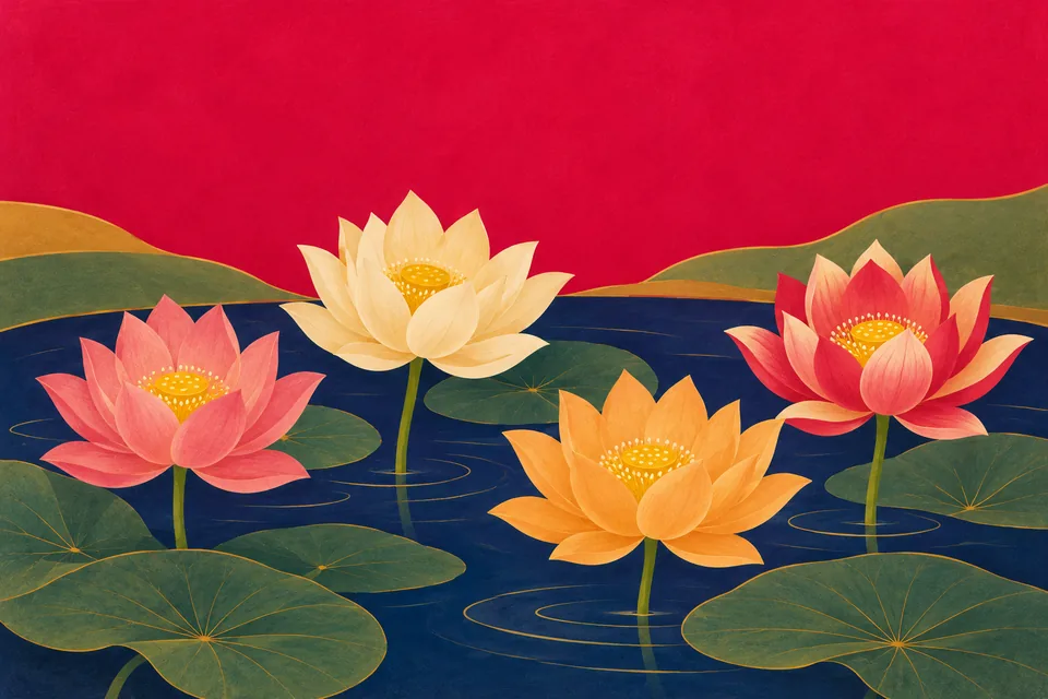 Four differently coloured lotus blossoms evoke the childhood stories of the four brothers.
