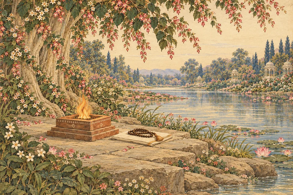 A small fire hearth and prayer beads beside an imagined river evoke the comparison to prayer and worship.