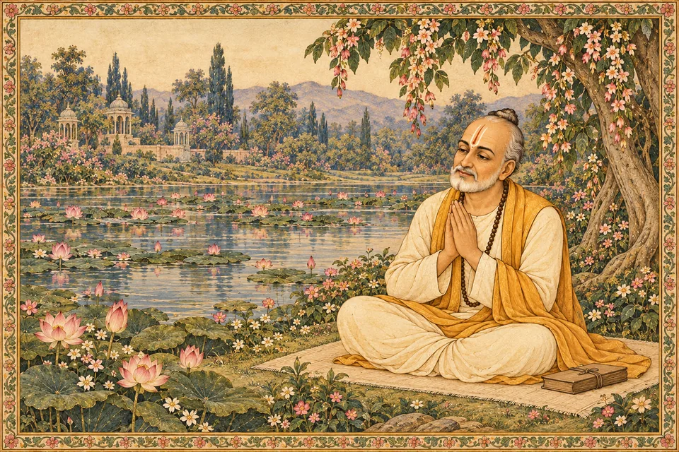 An imaginative portrait of the poet in inward reverence evokes his contemplation before beginning the sages’ dialogue.
