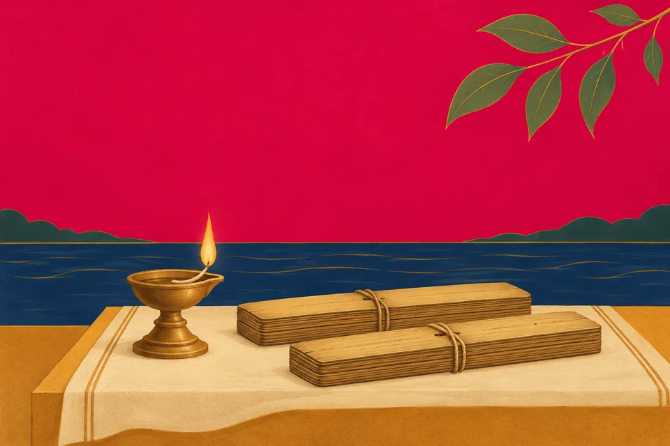 A lamp and closed manuscript bundles symbolically evoke teaching, devotion, knowledge and detachment.