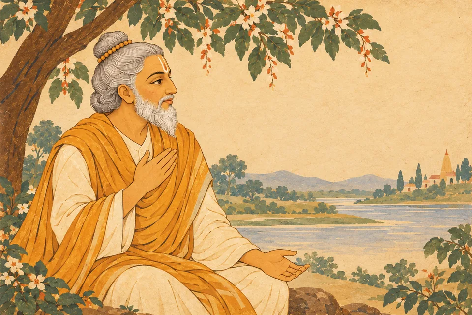 Bharadvaja’s open gesture symbolically evokes his willingness to disclose doubt to his teacher.