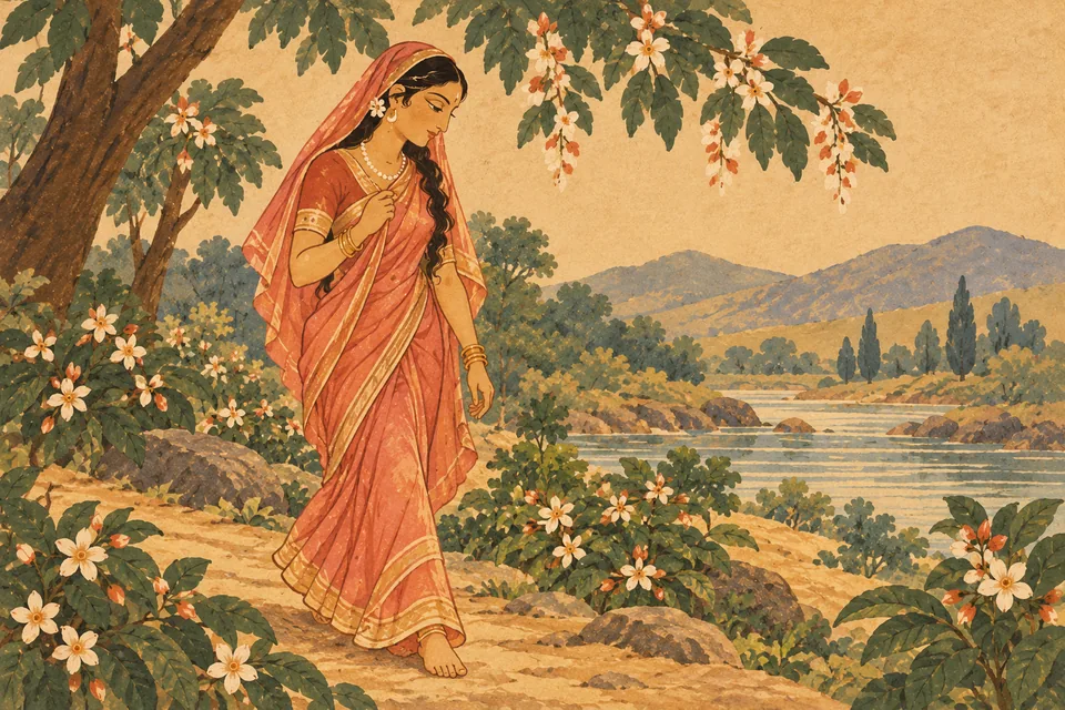 Sati walks back toward Shiva with lowered gaze and inward concern after hearing Rama's words.