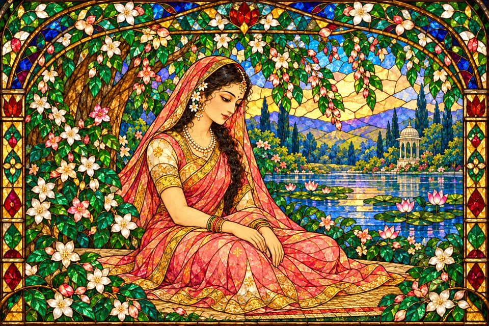 One representative Sati-form from the vision appears in a jewel-toned devotional panel; the image selects one form rather than the whole vision.