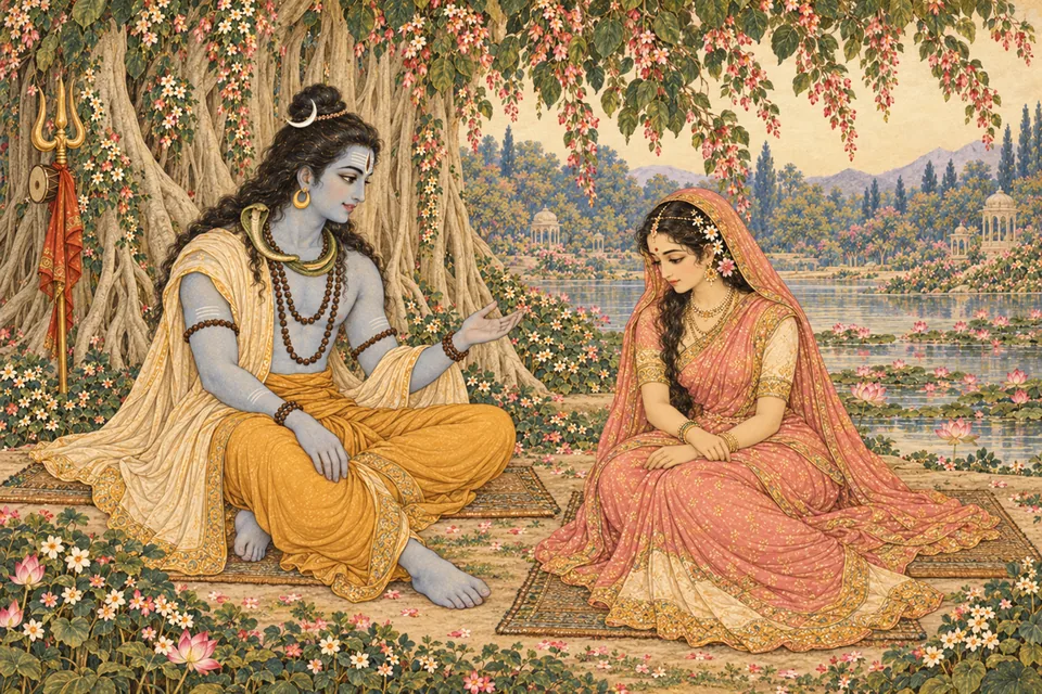 Shiva smiles and asks the returning Sati how she tested Rama, requesting the whole truth.