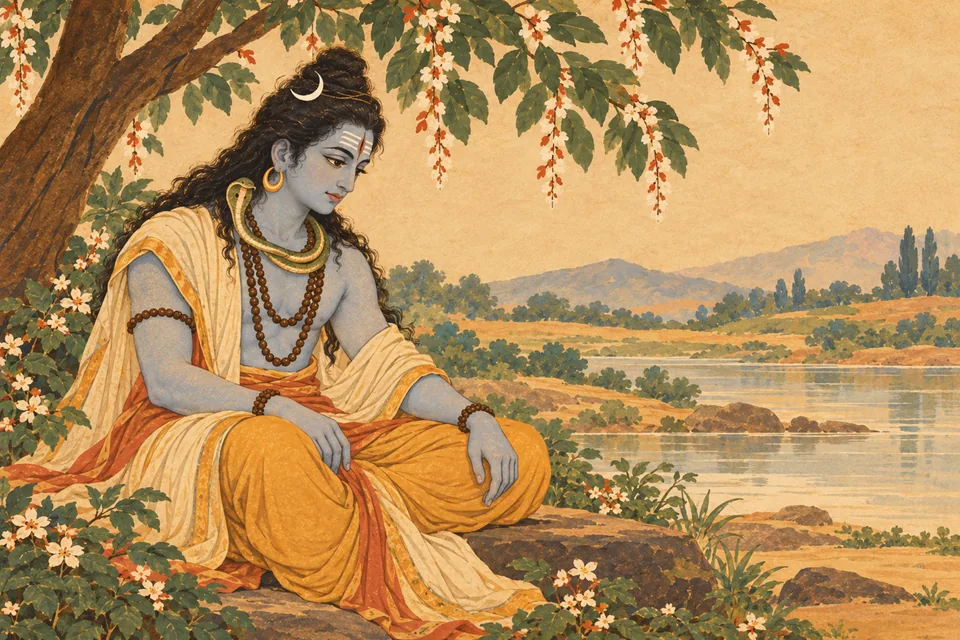 Shiva sits silently with a troubled lowered gaze, evoking the source's inward anguish.