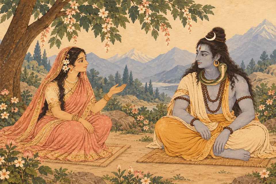 Sati respectfully asks Shiva for permission to visit her father's celebration; Shiva listens quietly.