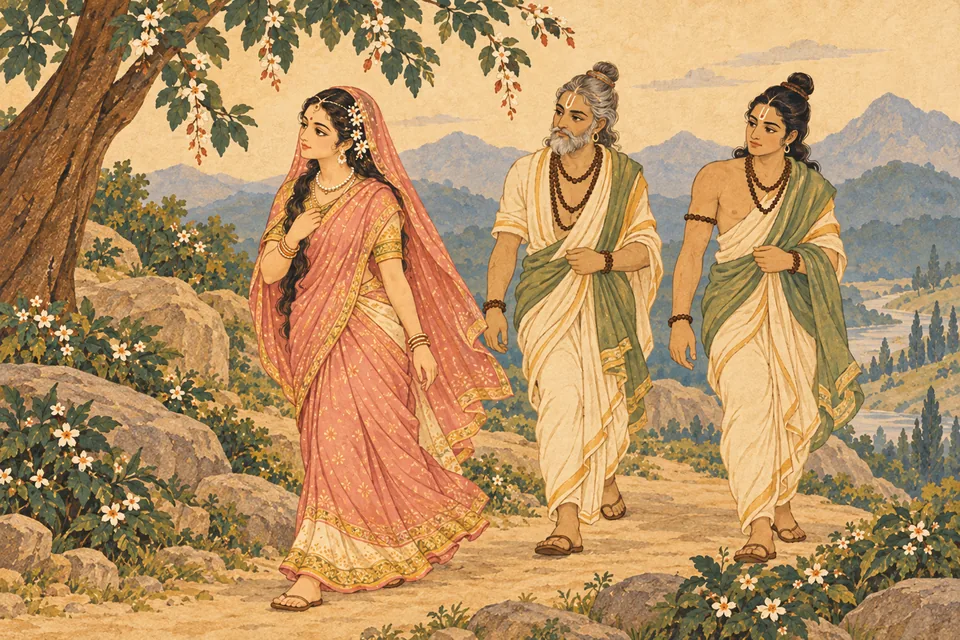 Sati departs along a mountain path with two unnamed representative attendants sent by Shiva.