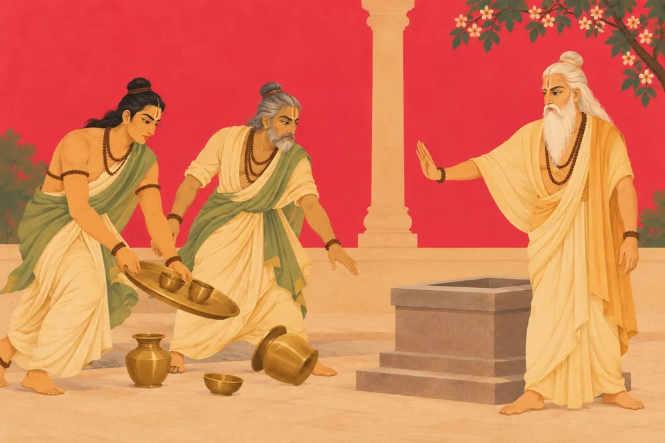 Two unnamed representative attendants disrupt vessels beside the sacrifice while Bhrigu stands protectively by the altar.