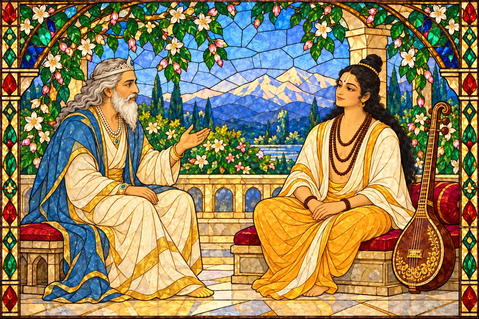 Himavan respectfully asks Narada about his daughter's faults and virtues while Narada listens.