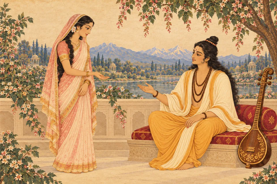 Narada speaks to Uma about the predicted ascetic husband; her offered palm is an illustrative gesture, with no future husband shown.
