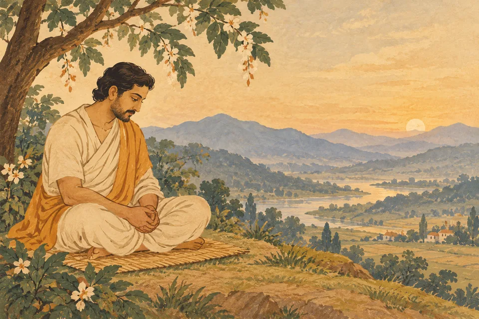 A symbolic unnamed human sits in thoughtful humility before a broad quiet valley; no actual source episode or punishment is depicted.