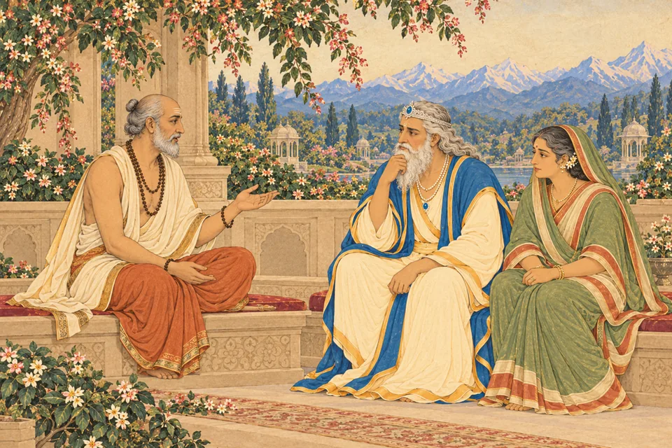 Sage Vedasira explains Parvati's greatness to Himavan and Maina, who listen with renewed understanding.