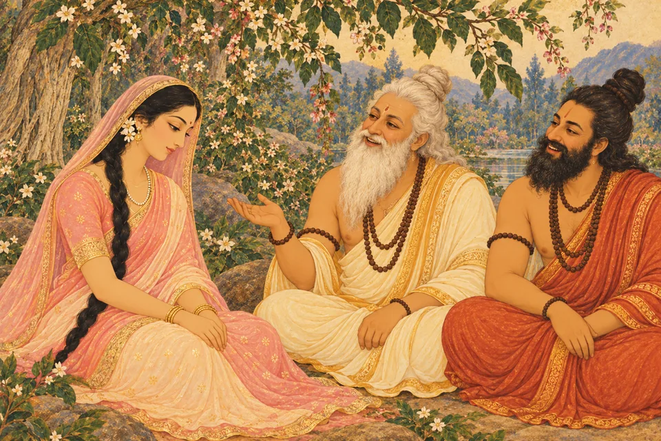 Two representative sages smile and question Uma about Narada's advice; the other five sages are outside the close view.