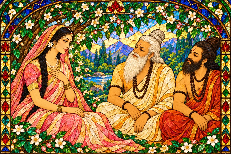 Uma replies about where her mind rests, with a gentle hand at her chest, while two representative sages listen.