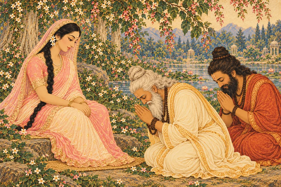 Two representative sages bow respectfully before Uma before departing; the other five sages are outside the close view.