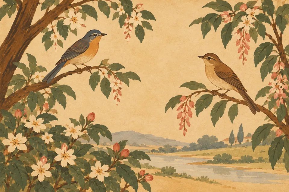 A symbolic landscape shows inward-leaning plants and two separate perched birds, representing the poem's broad description of desire's influence.
