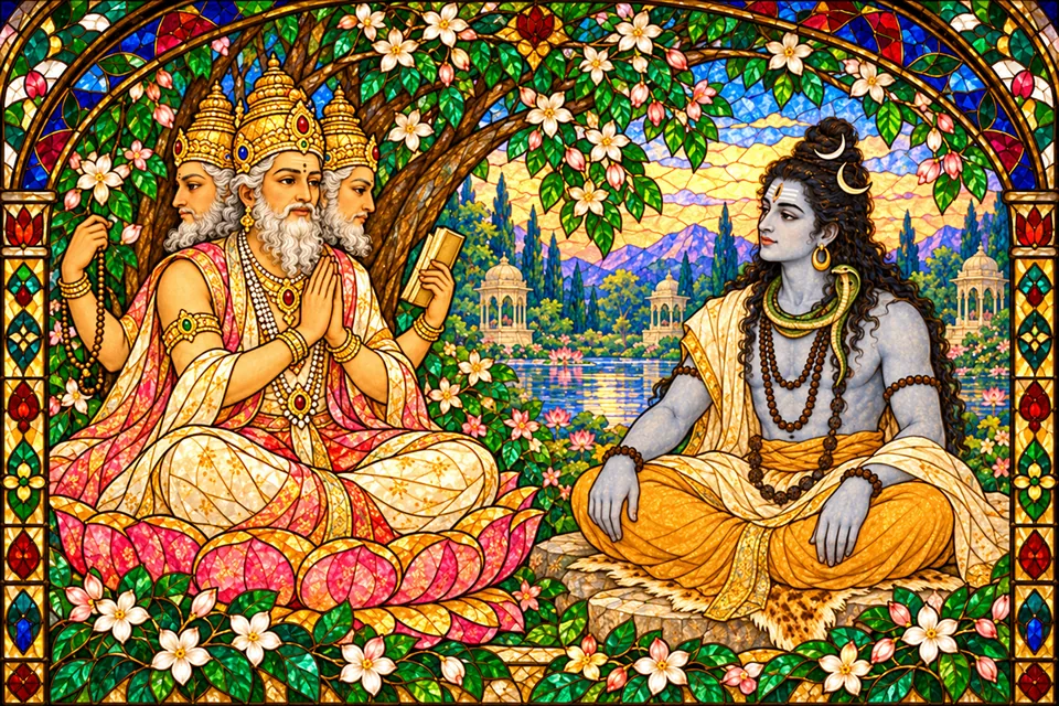 Brahma respectfully addresses Shankara on the gods' behalf, expressing their wish to witness his wedding.