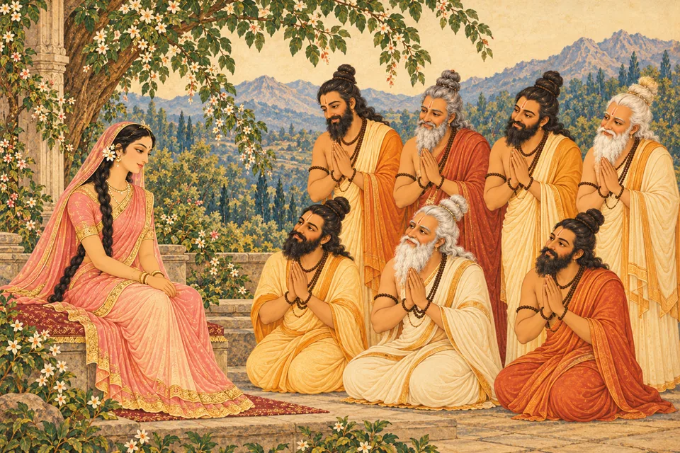 Seven sages express joyful respect after hearing Uma's words and seeing her love and trust, before their full bow and departure.