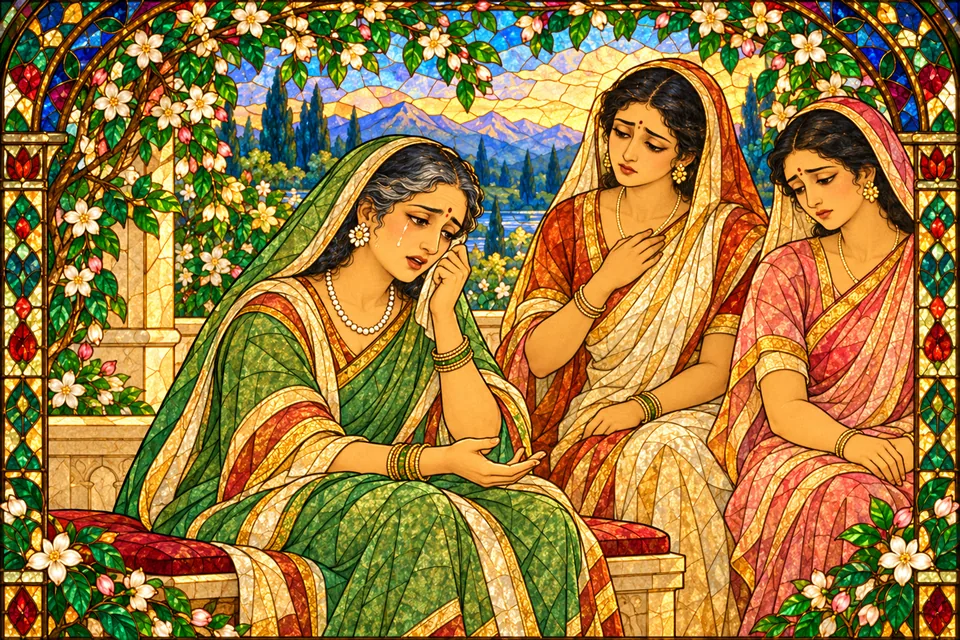 Tearful Maina speaks her maternal lament while two distressed women sit silently beside her.