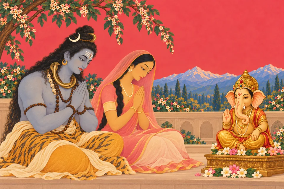 Shiva and adult Uma worship Ganapati with joined palms directed toward a small devotional icon.