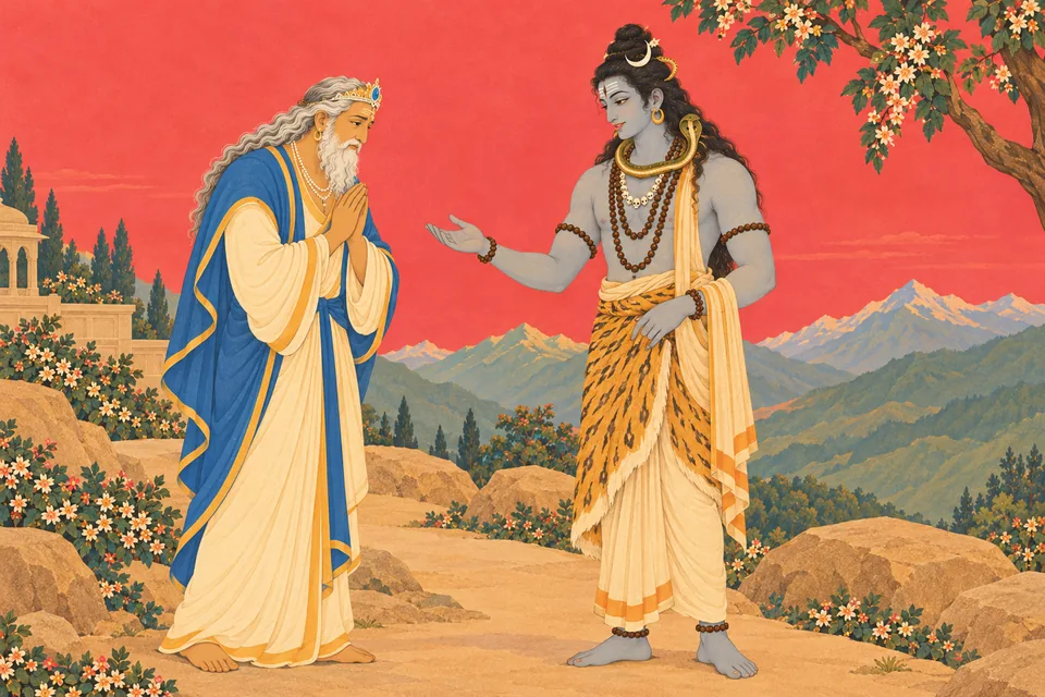 Shiva reassures Himavan with a gentle gesture at parting after Himavan’s affectionate escort.