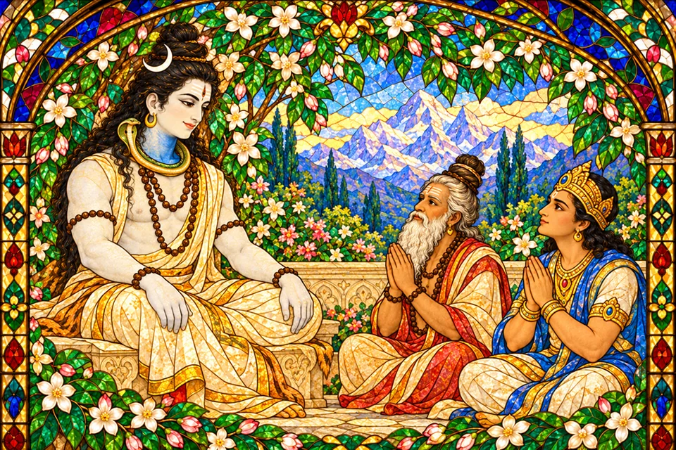 An ascetic and an unnamed deva revere ash-white, blue-throated Shiva as representative Kailasa residents.