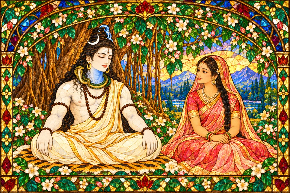 Shiva sits upright in serene meditation while Uma waits quietly beside him in a floral stained-glass panel.