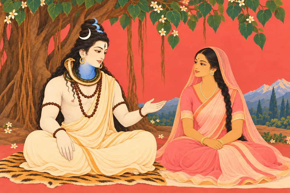 Shiva gently reassures attentive Uma with an open palm beside the banyan.