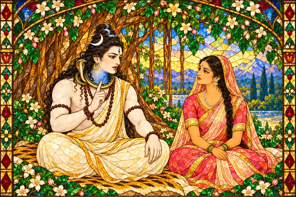 Shiva speaks seriously with a restrained teaching gesture while Uma listens beside him.