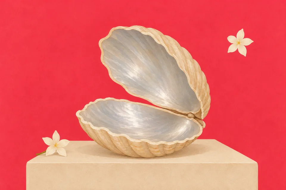 A symbolic open shell with a silver-like pearly lining illustrates apparent silver; no silver object is inserted.