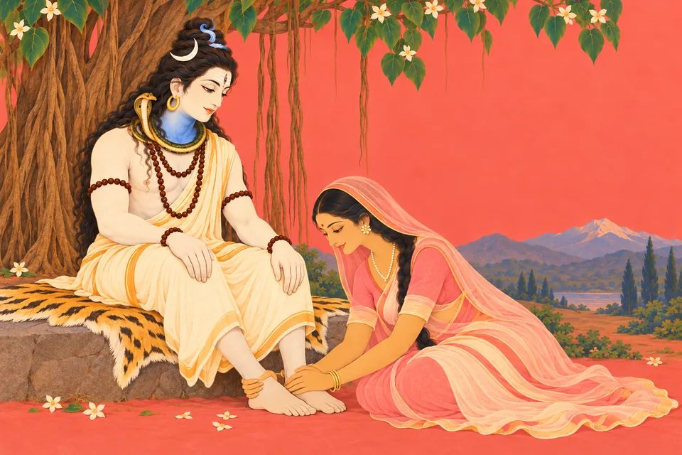 Uma kneels and gently clasps Shiva's feet at the ankles before her later joined-palms speech; the low stone seat is an artistic addition.