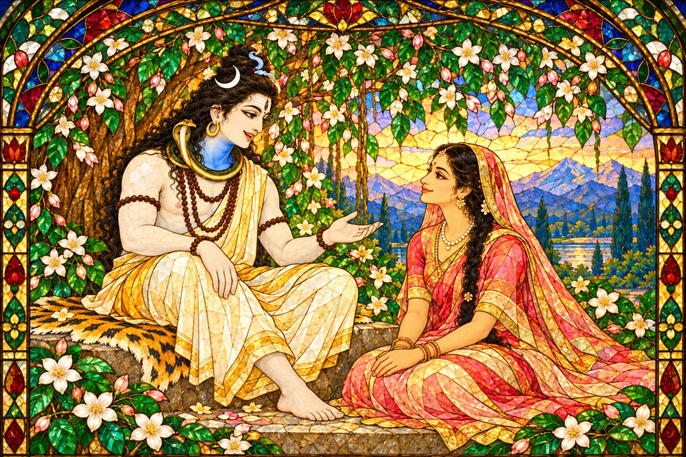 Shiva warmly praises quiet Uma; this image selects Doha120क from the four-part mixed Doha/Soratha source group.