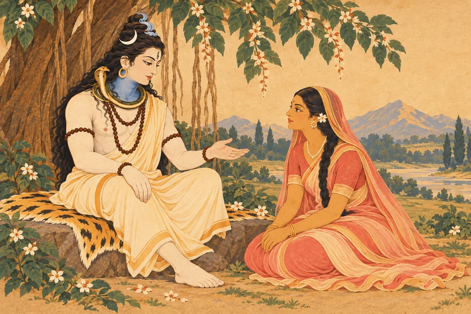 Shiva explains the incarnating Lord's purposes to attentive Uma; the Vedic-boundary comparison remains spoken.