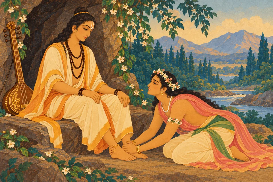 Afraid and defeated, Kama kneels and grasps Narada's feet while speaking distressed words.
