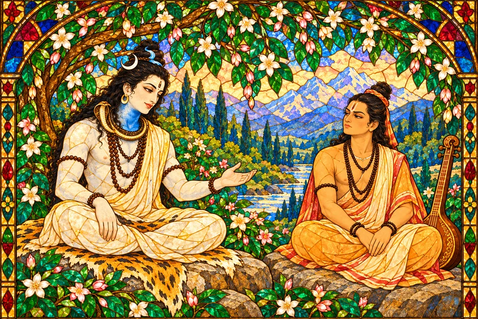 Narada looks quietly displeased while Shiva gives him beneficial counsel.