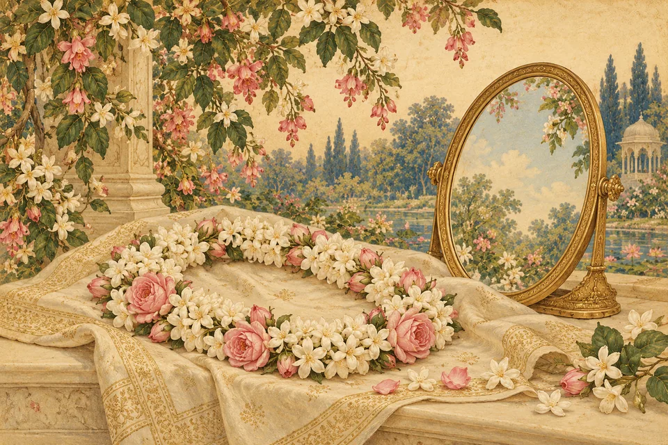 A symbolic garland and invented beauty-mirror evoke Narada's wish for an appearance that wins the princess's choice.