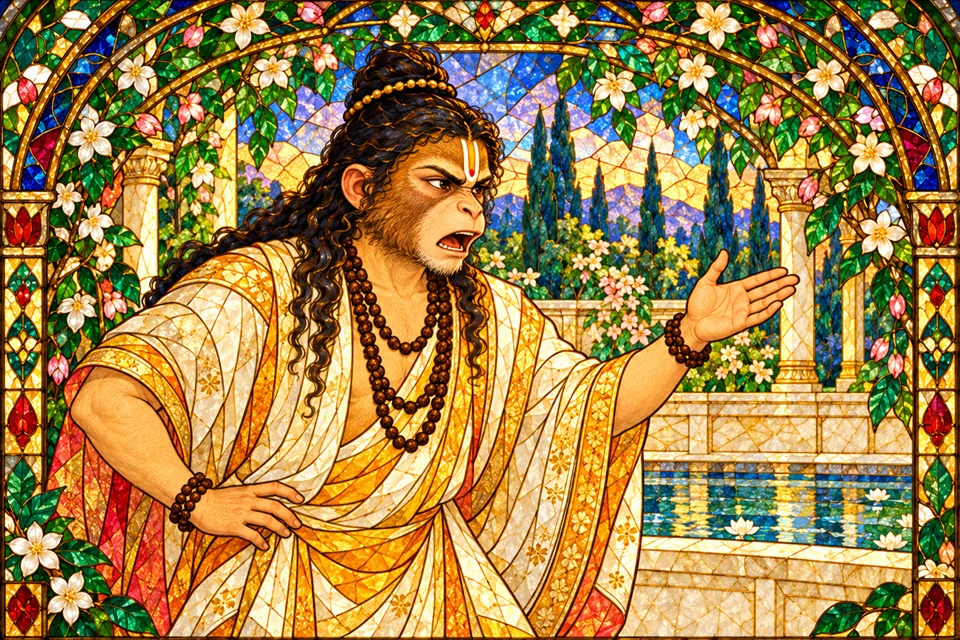 In his temporary monkey-faced form, Narada angrily curses Rudra's two attendants for mocking him.