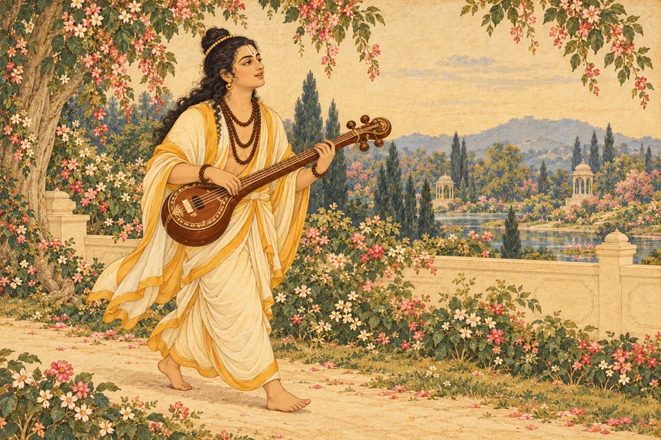 Narada departs toward Satyaloka singing Rama's virtues.