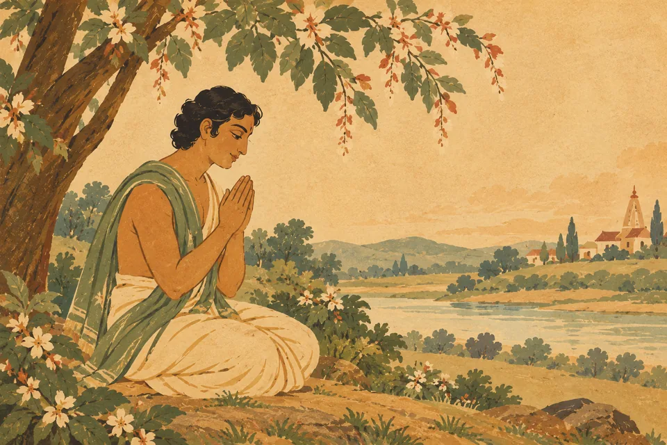 Symbolic unnamed worshipper reflects humbly and worships the unpictured Lord, Master of Maya.