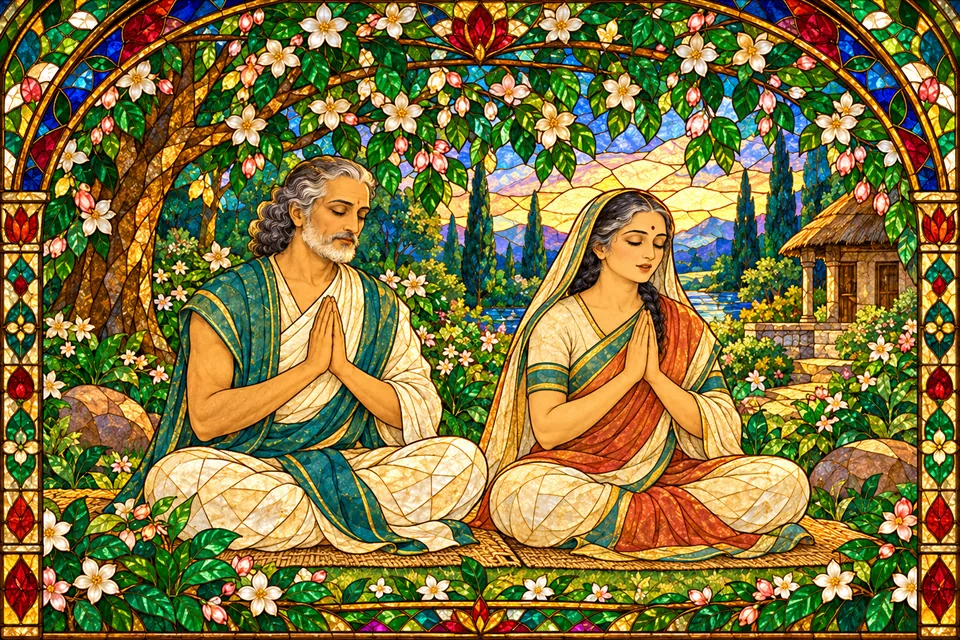 Manu and Shatarupa lovingly recite the twelve-syllable mantra, their minds fixed on Vasudeva's feet.