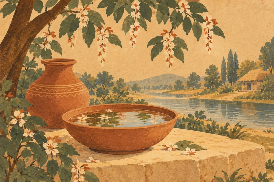 Symbolic water bowl and pitcher representing the water phase of the narrated penance.