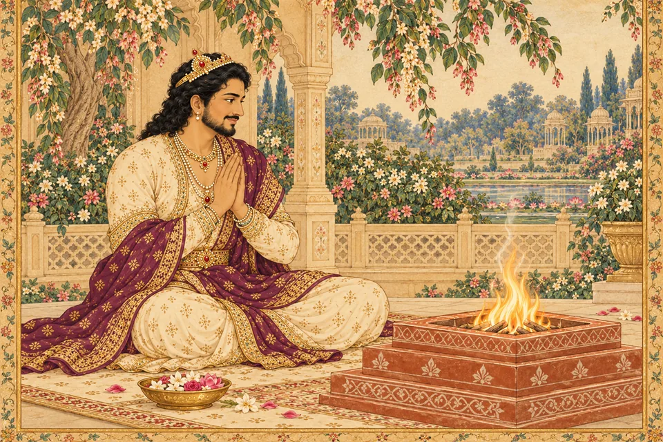Pratapbhanu participates lovingly in a yajna, representing the many rites the verse says he performed.